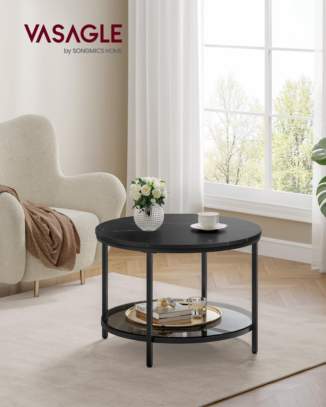Couchtisch Glas Metall 65x65x46 cm mit Ablagefläche schwarz - Bild 2