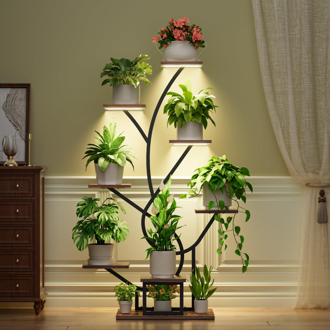 Pflanzenregal 8 Etagen 126cm mit Growlight Metall Holz Schwarz