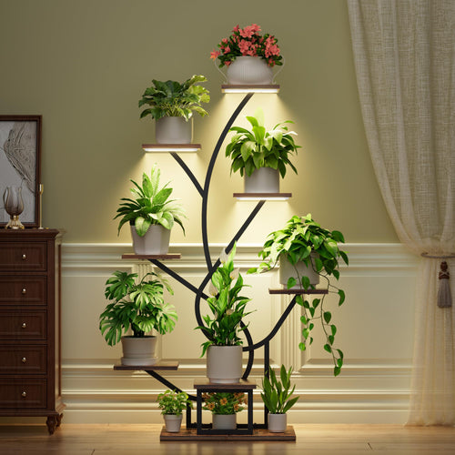 Pflanzenregal 8 Etagen 126cm mit Growlight Metall Holz Schwarz