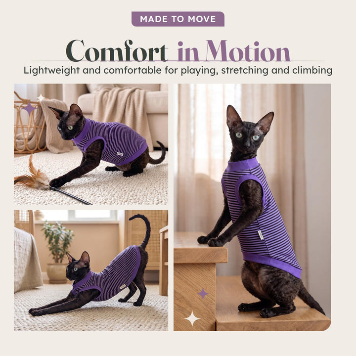 Katzen-T-Shirt Baumwolle Lila-Schwarz gestreift für Haarloskatzen Grösse S - Bild 4