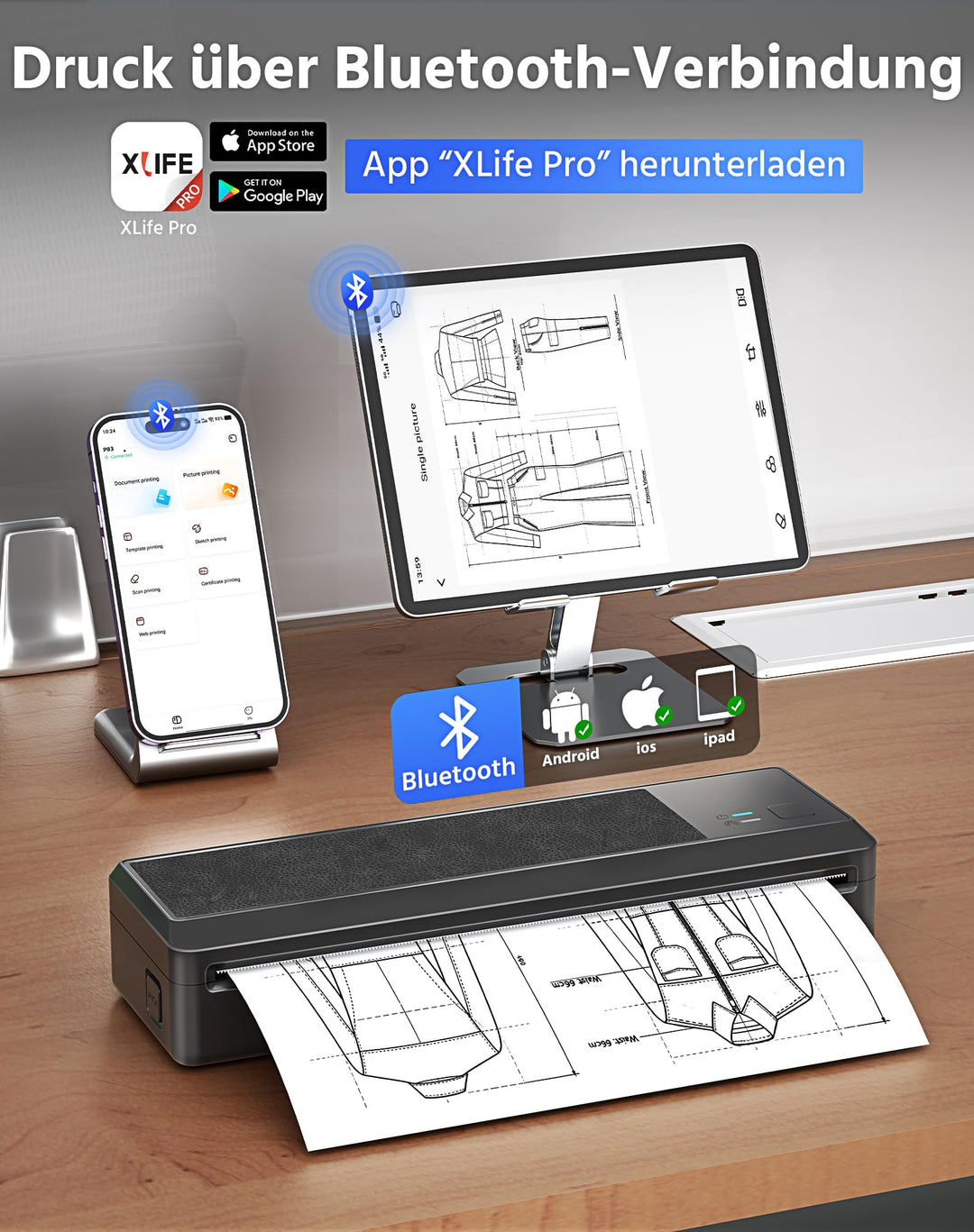 Thermodrucker A4 Bluetooth tragbar iOS Android 1500mAh Akku - Bild 3