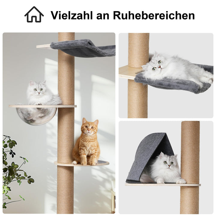 Katzenbaum Decke 6 Etagen 259-300 cm mit Raumkapsel und Hängematte - Bild 3