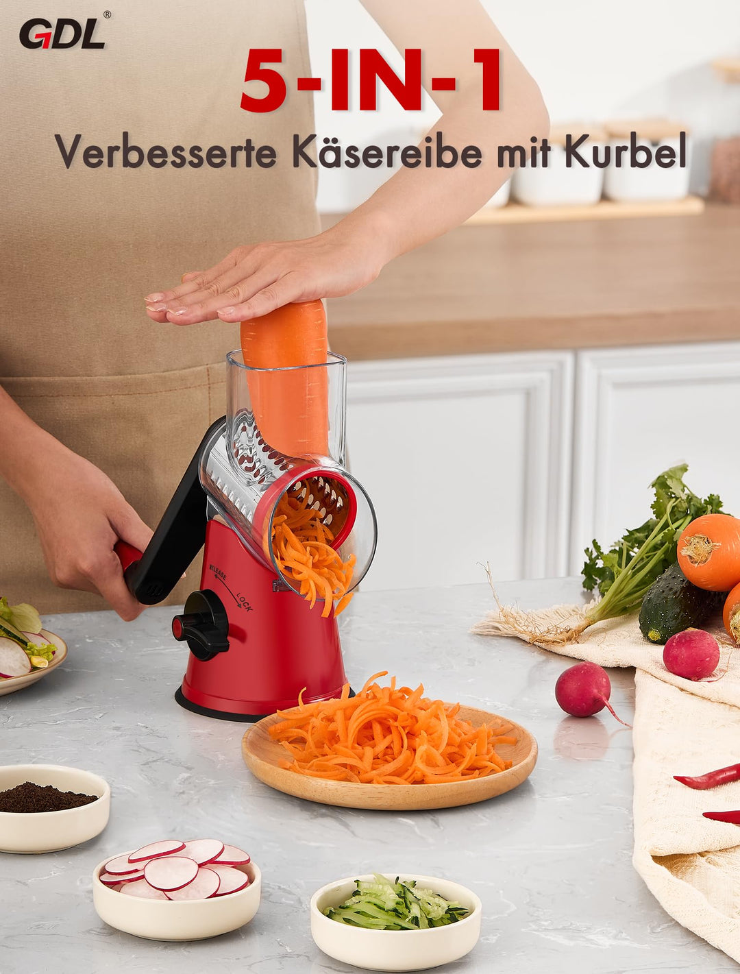 Trommelreibe mit Kurbel 5-in-1 für Käse Gemüse Nüsse Eis - Bild 9