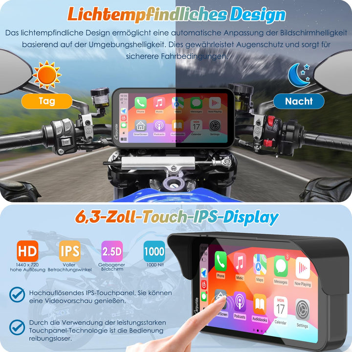 Motorrad-Navi 6,3 Zoll HD IPS Wireless CarPlay Android Auto IP67 - Bild 7