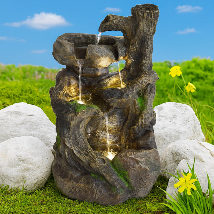 Gartenbrunnen Baumwurzel Stein-Kaskade mit LED-Licht 31x31x50 cm