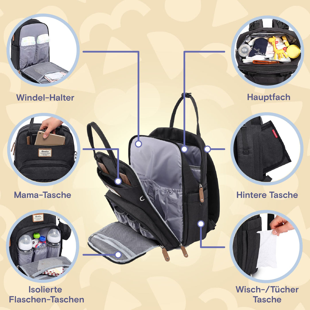 Wickelrucksack mit Wickelauflage und 18 Taschen, wasserfest, Schwarz - Bild 2