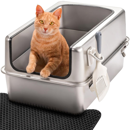 Katzentoilette Edelstahl XXL 38L mit hohem Rand, Schaufel & Matte