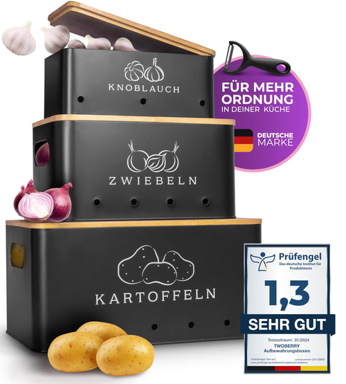 Gemüse Aufbewahrungsbox 3er Set mit Sparschäler, Stahl schwarz