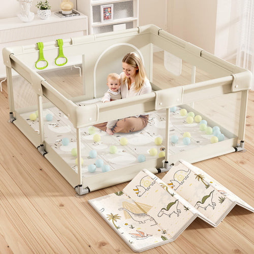 Laufstall Baby mit Matratze 120x120 cm Beige Oxford-Gewebe