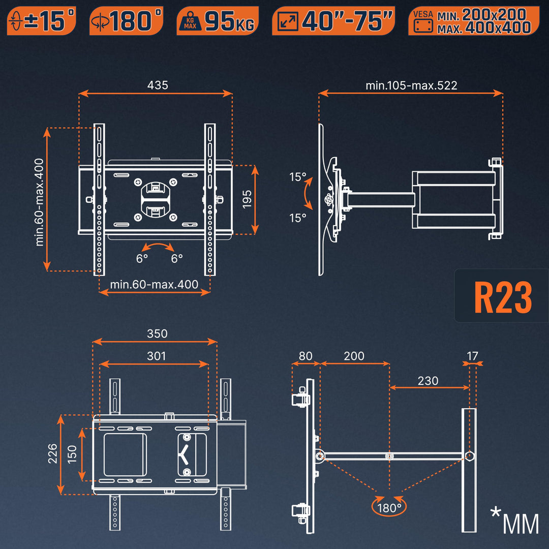 TV Wandhalterung schwenkbar neigbar 40-75 Zoll bis 95 kg VESA 400x400 - Bild 8