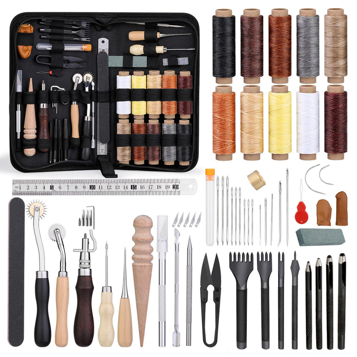 Leder Näh-Set 57-teilig mit Wachsgarn, Ahlen und Stanzwerkzeug