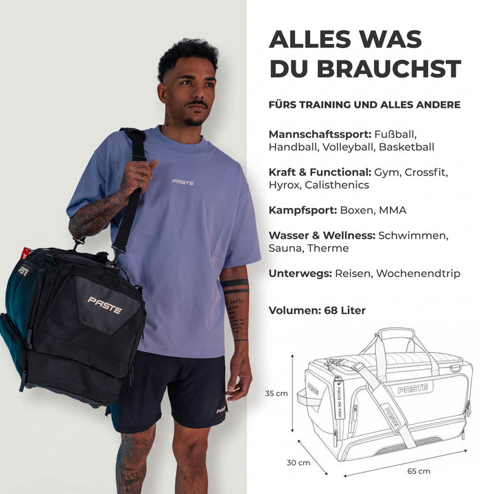Sporttasche 68L mit Rucksackfunktion, Kühl- &amp; Schuhfach Schwarz - Bild 5