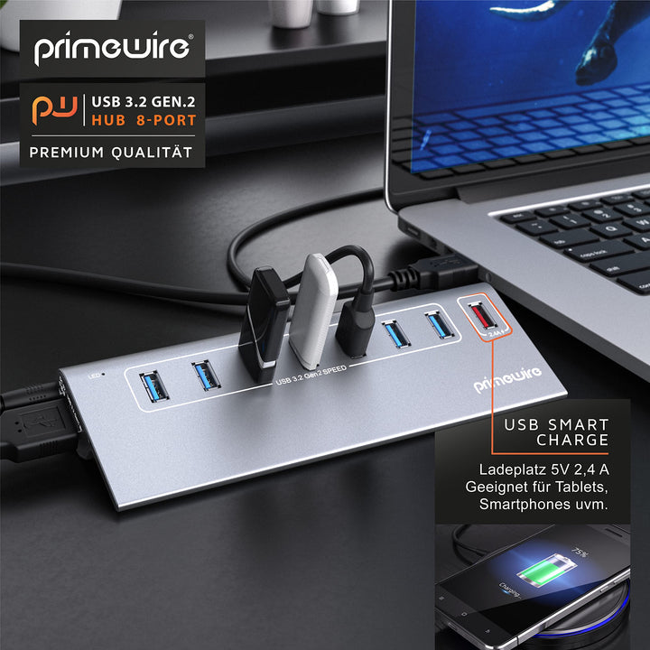 USB 3.2 Gen2 Hub 8-Port Aluminium 10 Gbit/s mit Netzteil - Bild 6
