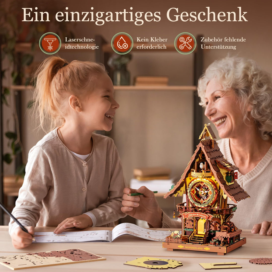 3D Holzpuzzle Kuckucksuhr mit Uhrwerk &amp; Licht, 435 Teile - Bild 7