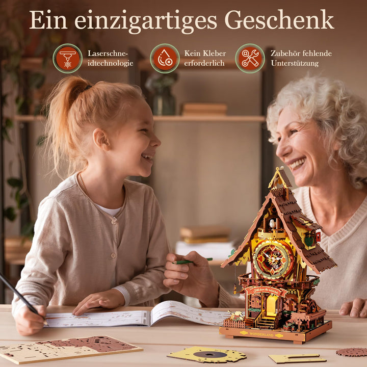 3D Holzpuzzle Kuckucksuhr mit Uhrwerk &amp; Licht, 435 Teile - Bild 7
