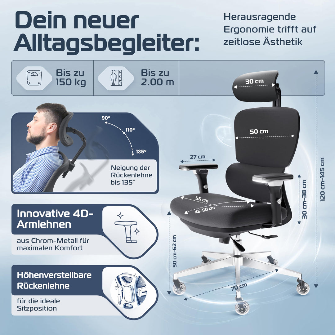 Bürostuhl Ergonomisch Mesh 4D-Armlehnen Lendenwirbelstütze 150kg - Bild 2