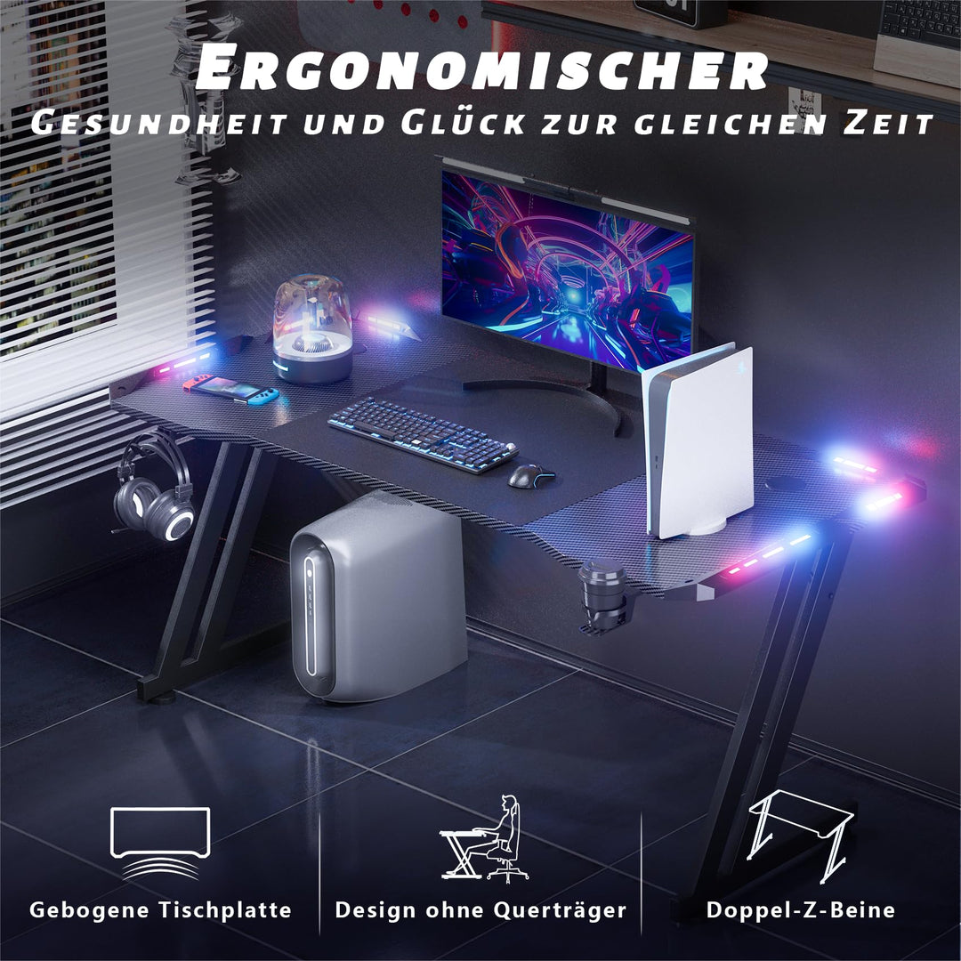 Gaming Schreibtisch LED RGB 140x60 cm mit Getränkehalter schwarz - Bild 5
