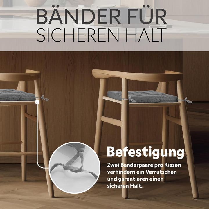 Sitzkissen 40x40x5 cm 6er-Set gesteppt mit Haltebändern Indoor Outdoor - Bild 4