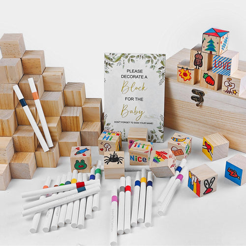 Babyparty Spiel-Set Holzklötze mit Acrylstiften 78-teilig