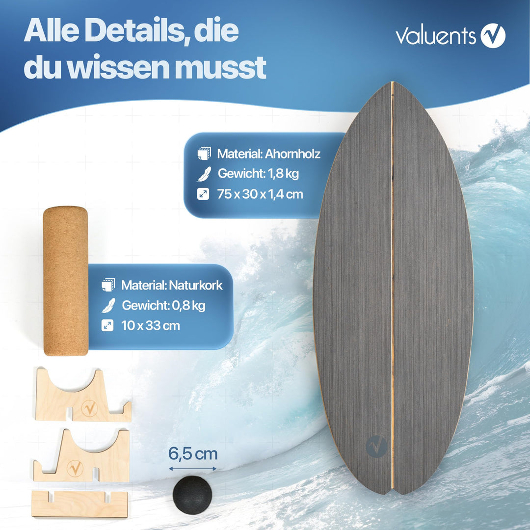 Balance Board Holz mit Korkrolle, Halterung und Trainingsball Stone Grey - Bild 7