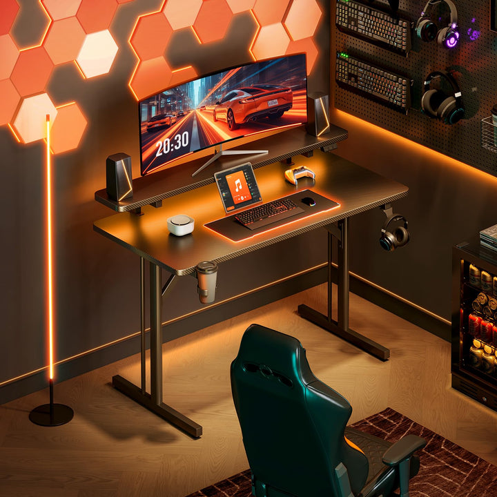 Gaming Schreibtisch mit LED-Lichtleiste 100 cm Carbon-Optik - Bild 2