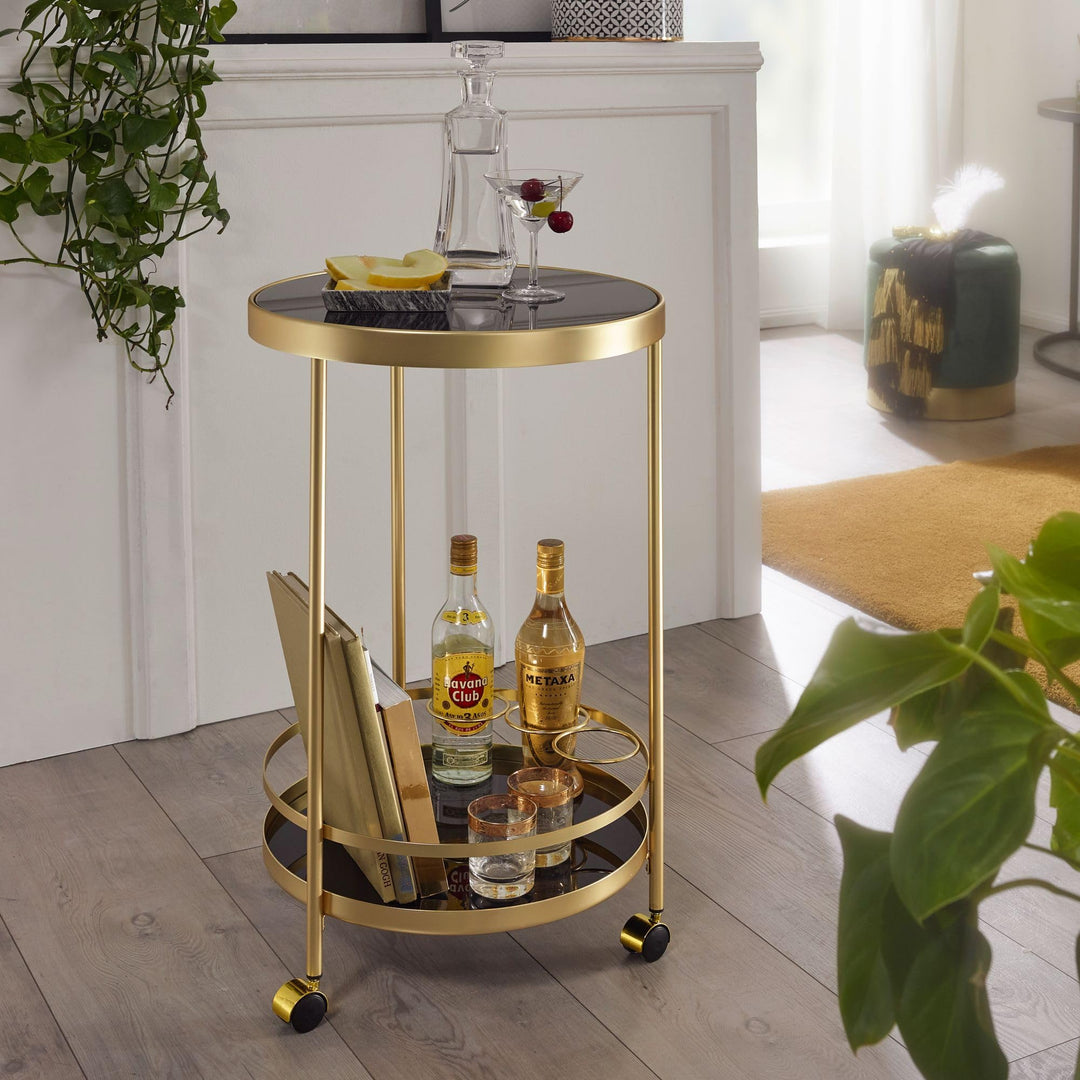Servierwagen rund Stahl Gold-Schwarz 2 Ebenen Sicherheitsglas 45x76cm - Bild 2