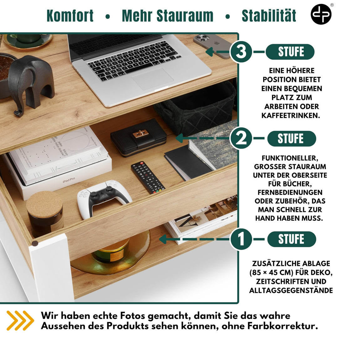 Couchtisch höhenverstellbar mit Stauraum 92x51 cm Weiss-Eiche - Bild 4