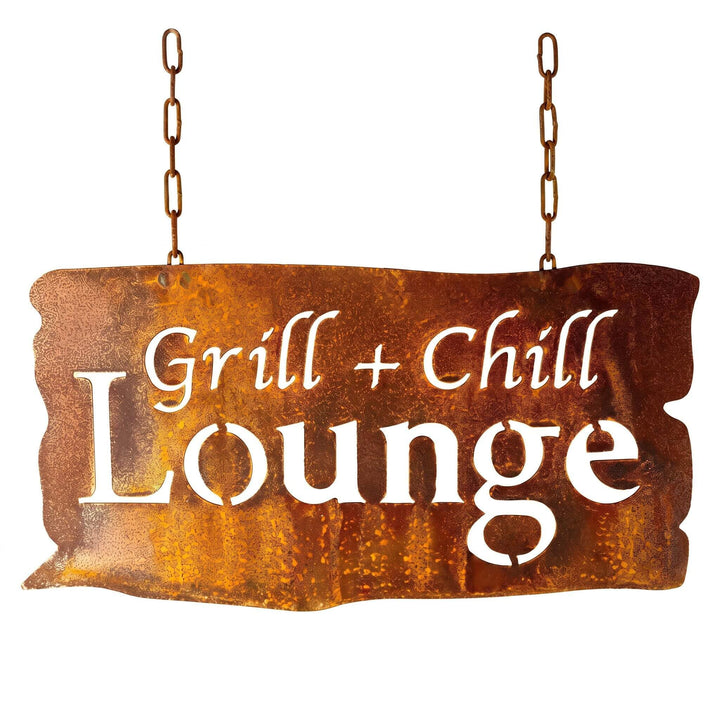 Gartenschild Grill &amp; Chill Lounge Edelrost Metall 46x24 cm