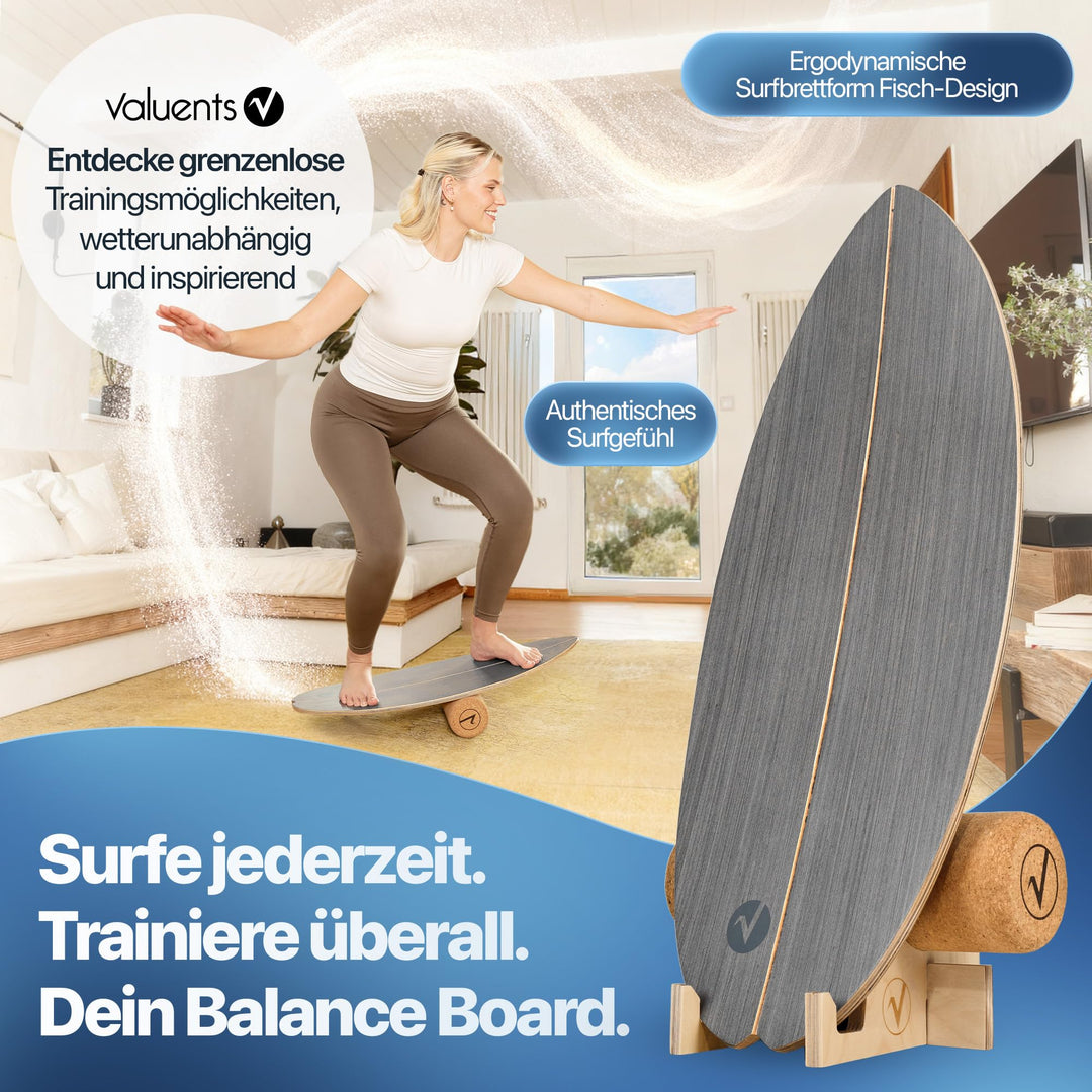 Balance Board Holz mit Korkrolle, Halterung und Trainingsball Stone Grey - Bild 2