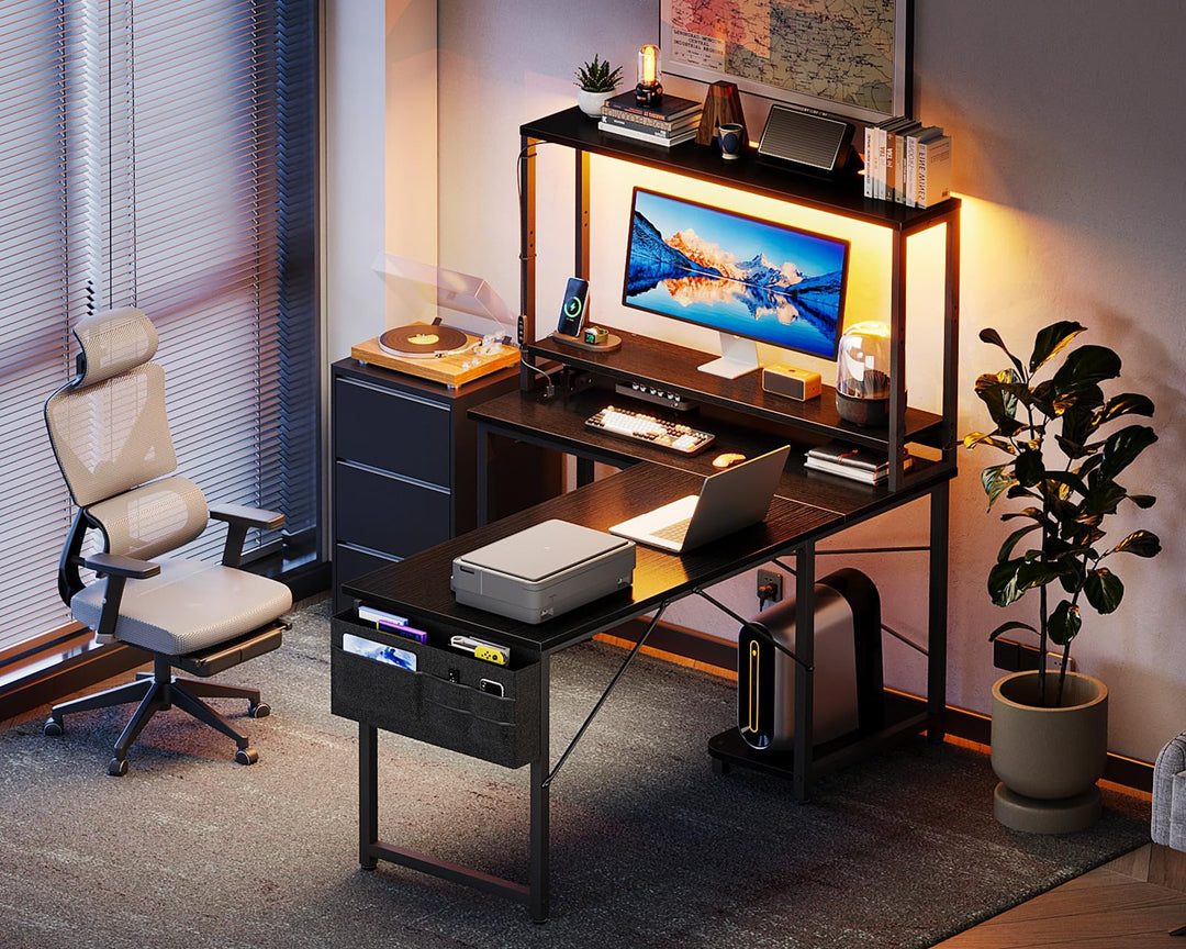 Gaming Tisch L-Form mit RGB-LED und Regal 110×80 cm Schwarz - Bild 8