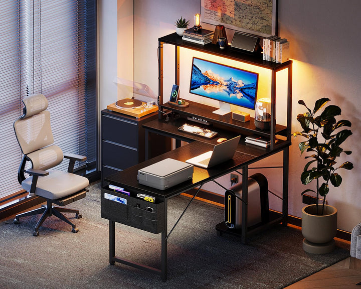 Gaming Tisch L-Form mit RGB-LED und Regal 110×80 cm Schwarz - Bild 8