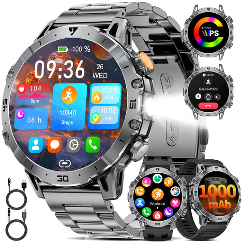 Smartwatch Herren 1,7" HD mit Telefonfunktion, LED-Taschenlampe, 1000mAh