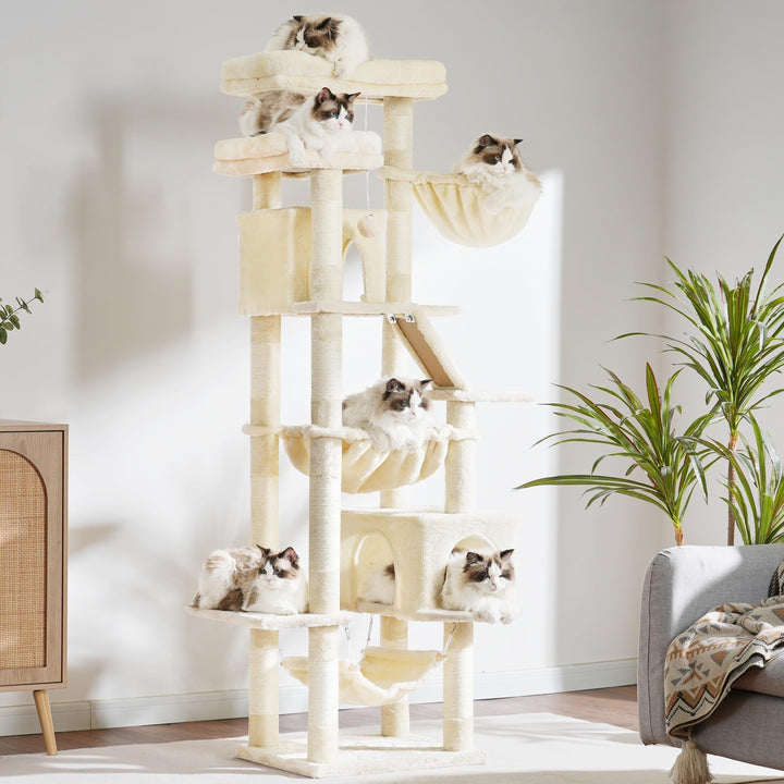 Katzenbaum 180 cm mit 2 Höhlen, Hängematte &amp; Kratzbretter beige - Bild 7