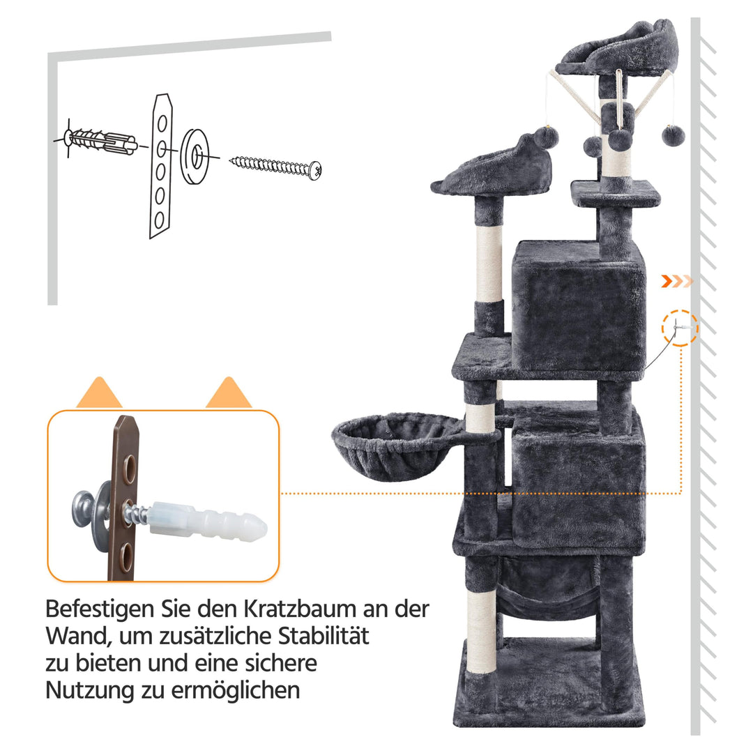 Kratzbaum 170cm mit 5 Ebenen, 7 Sisalsäulen und 2 Höhlen für Katzen - Bild 7