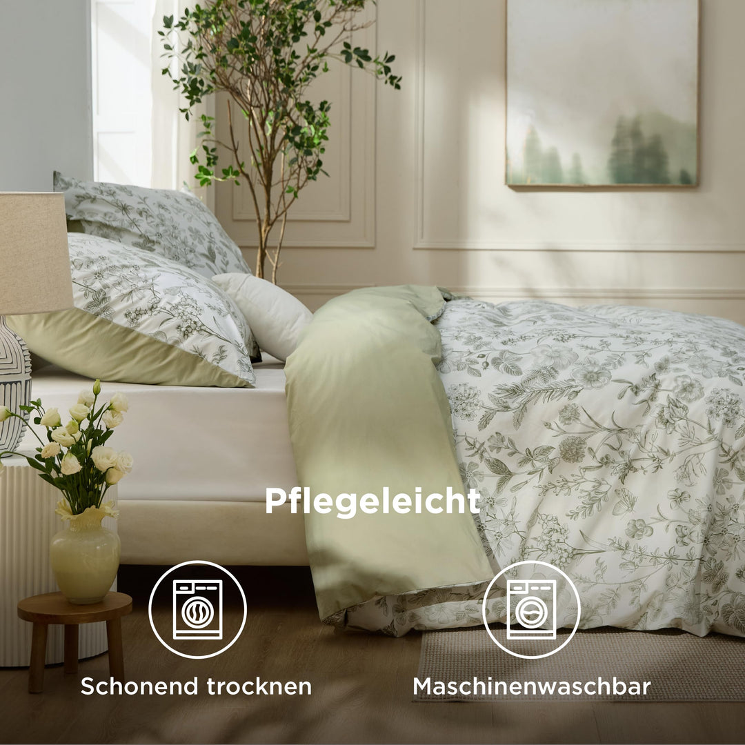 Bettwäsche 135x200 Baumwolle 4-teilig Salbeigrün wendbar - Bild 7