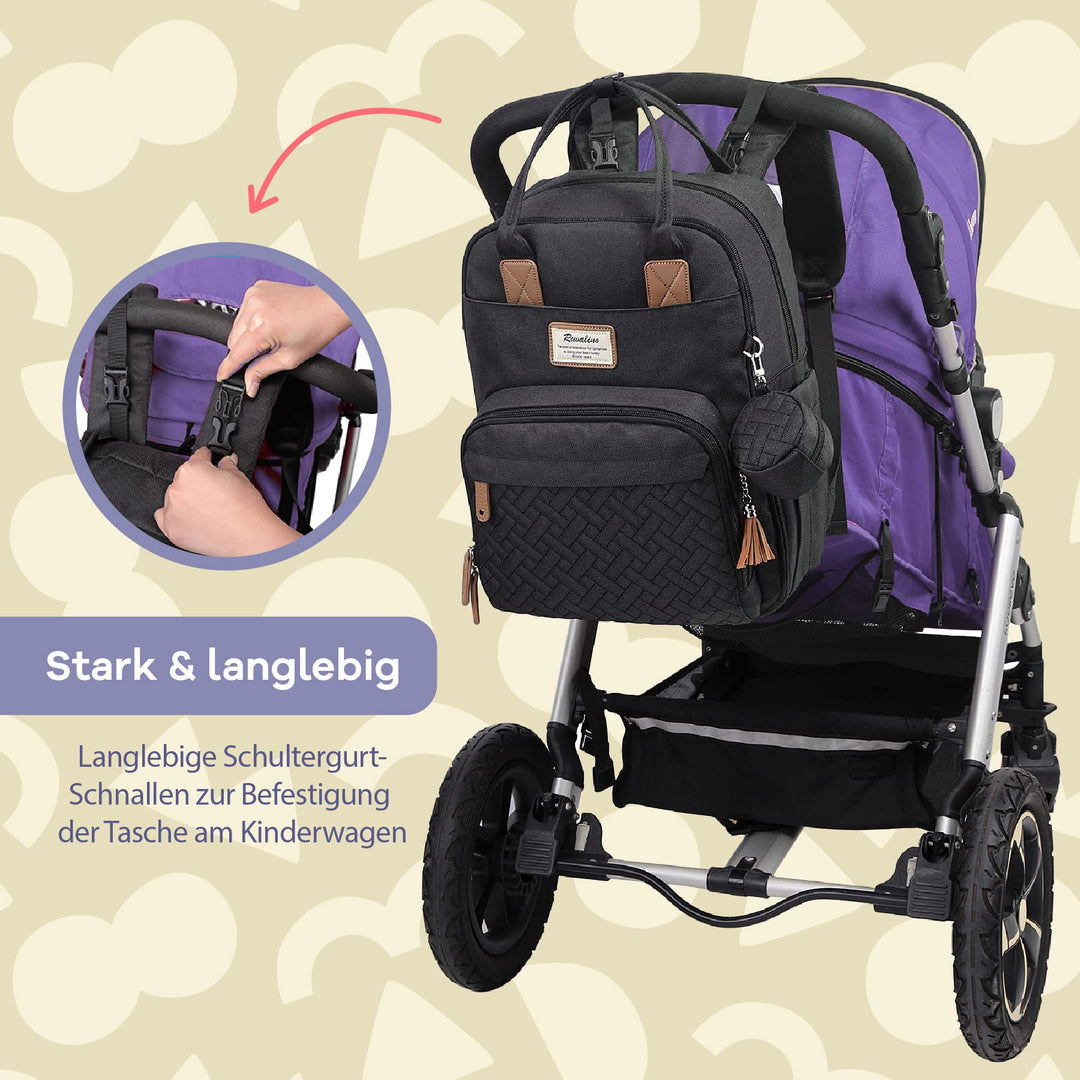 Wickelrucksack mit Wickelauflage und 18 Taschen, wasserfest, Schwarz - Bild 5