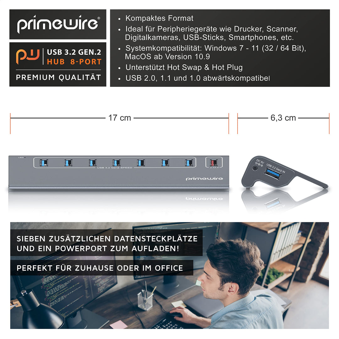 USB 3.2 Gen2 Hub 8-Port Aluminium 10 Gbit/s mit Netzteil - Bild 2