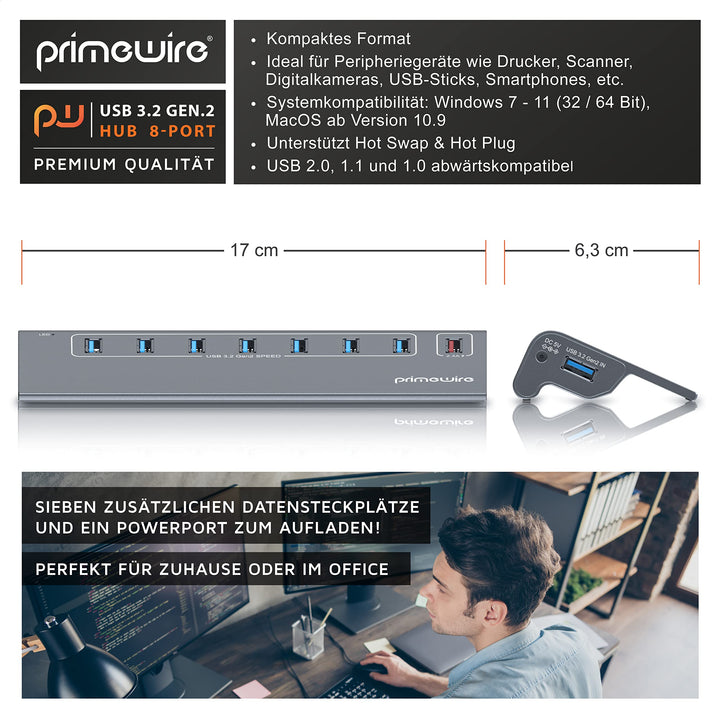USB 3.2 Gen2 Hub 8-Port Aluminium 10 Gbit/s mit Netzteil - Bild 2