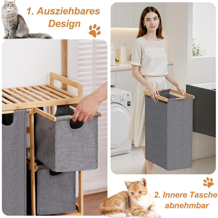 Wäschekorb 4 Fächer Bambus 150L mit Ablage und Rollen - Bild 5