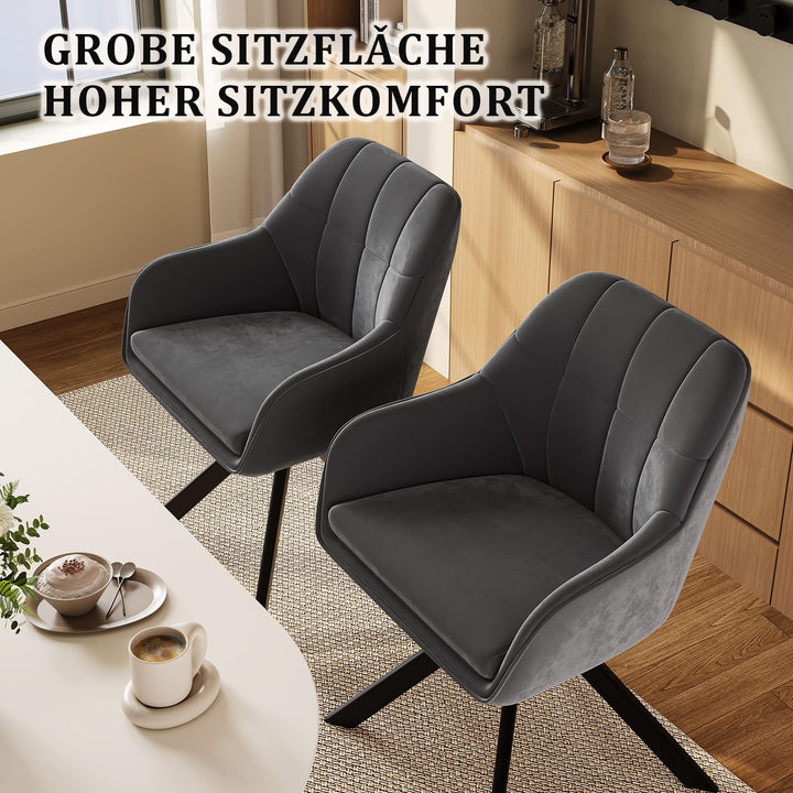 Esszimmerstuhl drehbar Samt 6er-Set mit Armlehnen Grau Metallfuss