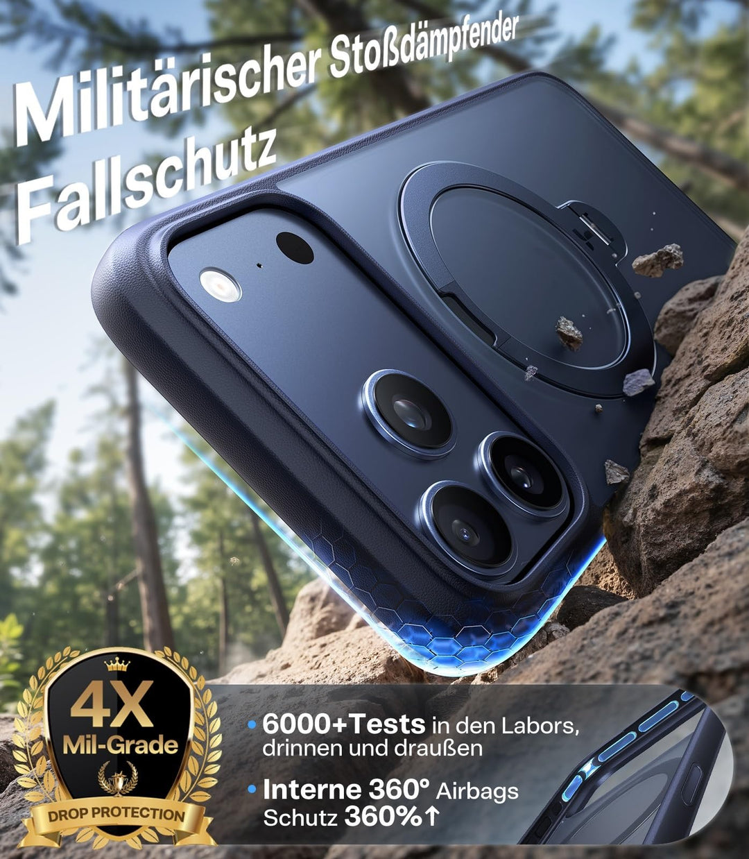 iPhone 17 Pro Hülle 360° MagSafe Ständer Blau Militärschutz - Bild 5