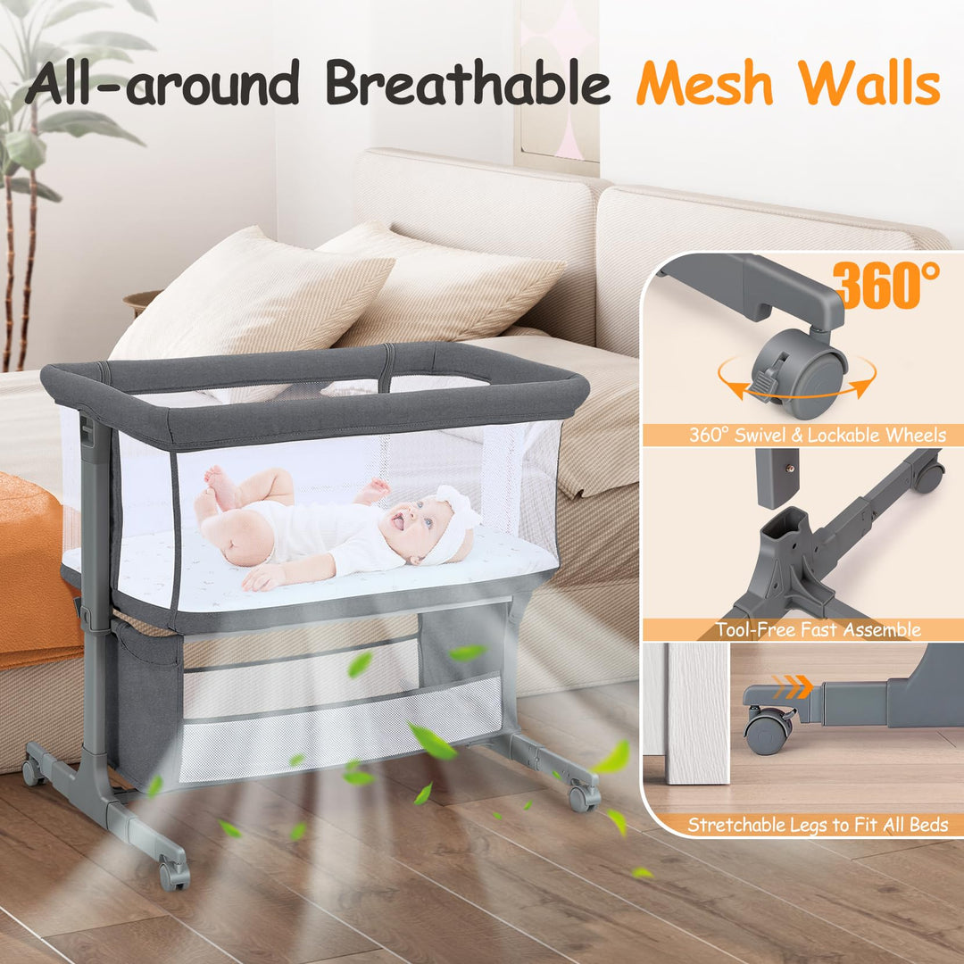 Beistellbett Baby mit Rollen 7-fach höhenverstellbar dunkelgrau - Bild 6