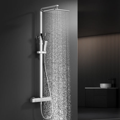 Duschsystem mit Thermostat Chrom Eckig 22cm Regendusche Komplettset