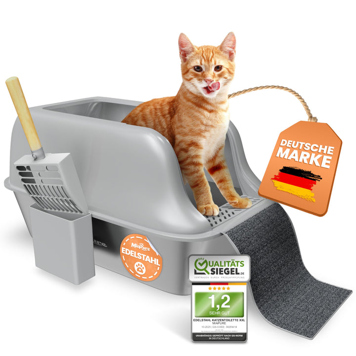 Katzentoilette Edelstahl XXL 60x40x30cm mit hohem Rand und Schaufel