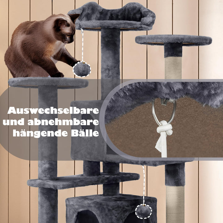 Kratzbaum 139 cm mit 2 Höhlen für Mehrkatzenhaushalte dunkelgrau - Bild 7