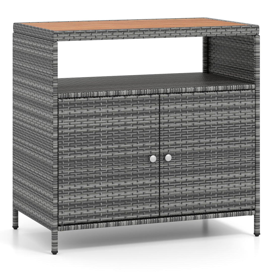 Gartenschrank Rattan mit Akazienholz-Arbeitsplatte 2-türig grau