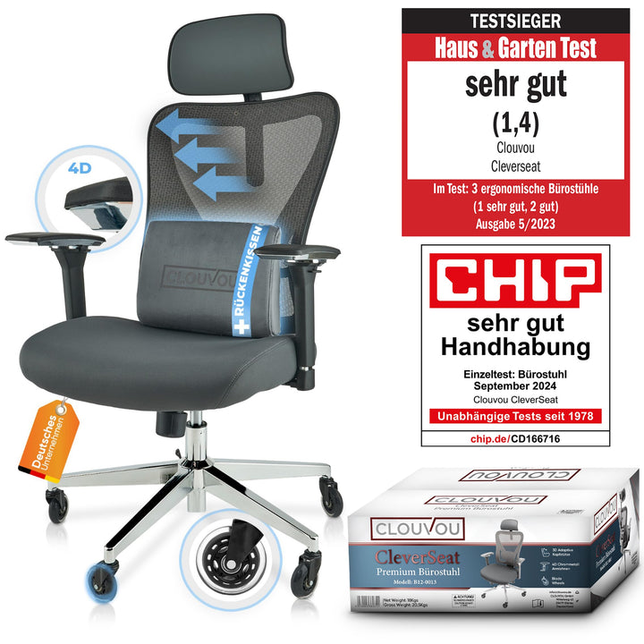 Bürostuhl Ergonomisch Mesh 4D-Armlehnen Kopfstütze bis 150 kg