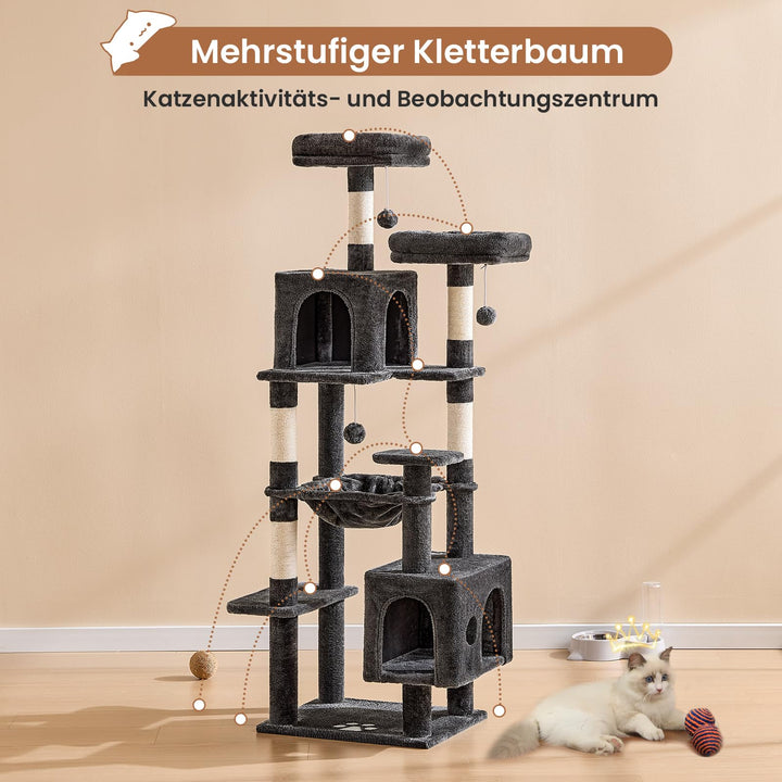 Kratzbaum 160 cm mit 2 Höhlen, Hängematte und Sisalsäulen für Katzen - Bild 7