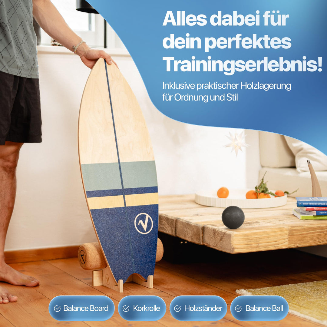 Balance Board Holz Surfboard-Form mit Korkrolle, Halterung &amp; Ball - Bild 6