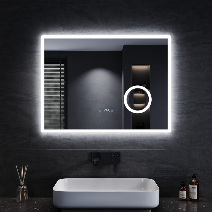 Badspiegel mit LED-Beleuchtung 80x60 cm Uhr Temperatur Antibeschlag